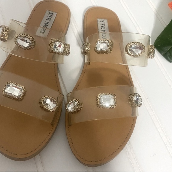 Steve Madden Women’s Jace Summer Slide Sandals Clear with Rhinestones Size 5.5 - Picture 1 of 8